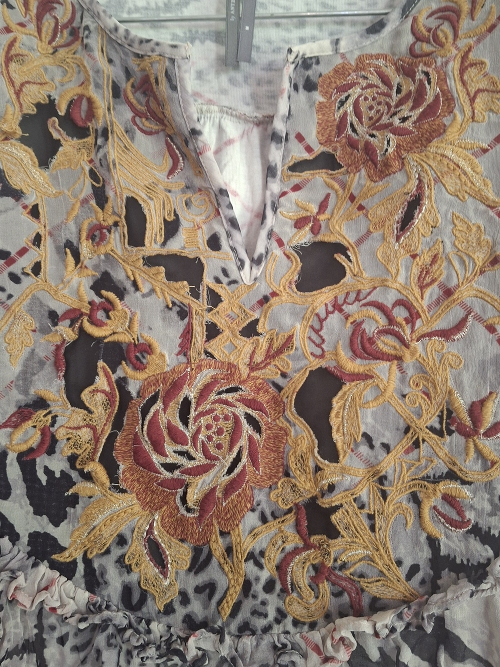 Anthropologie Soft Gray & Pale Pink Patterned Top